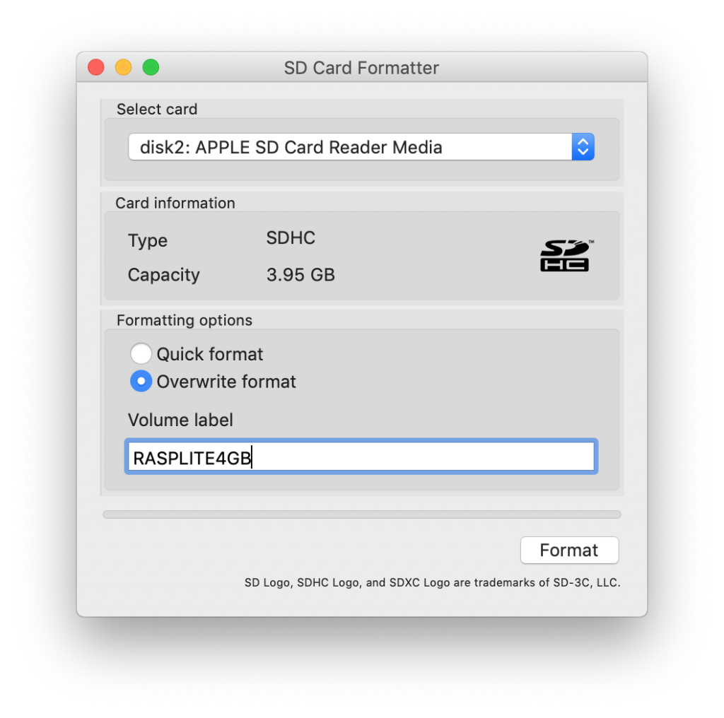 Format an SD card for Raspberry Pi using the SD Card Formatter application