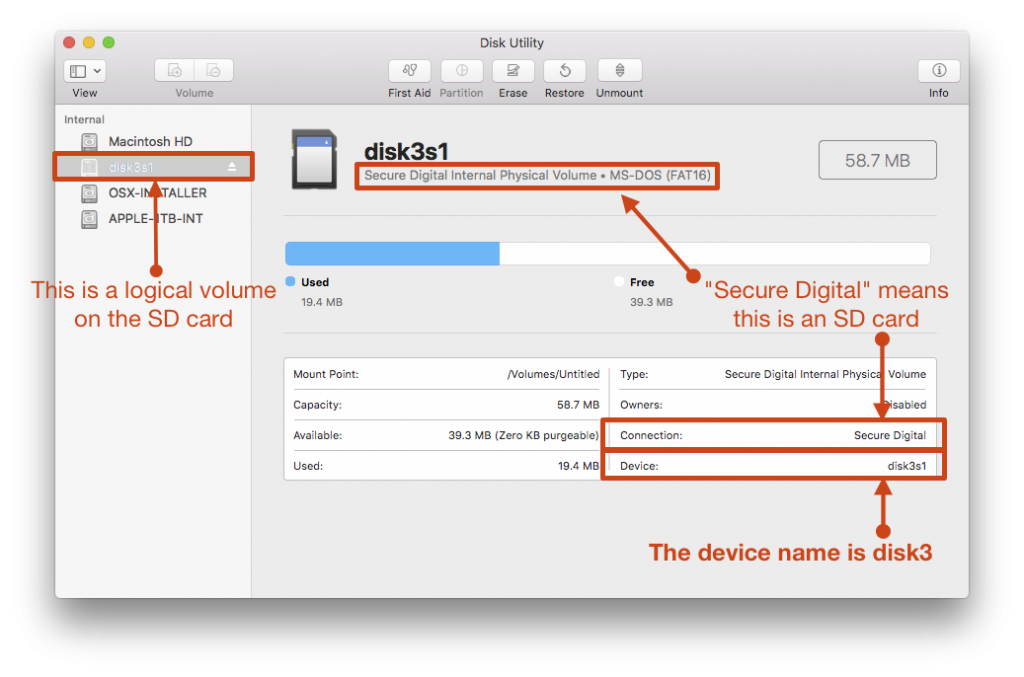 macOS High Sierra Disk Utility showing SD Card Media for Raspberry Pi Raspbian Lite OS Installation.