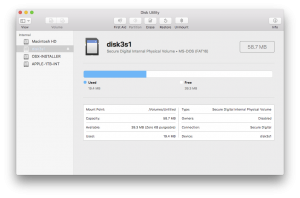 macOS High Sierra Disk Utility showing SD Card Media for Raspberry Pi Raspbian Lite OS Installation.