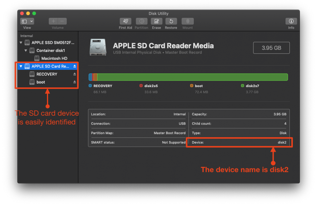 macOS Mojave Disk Utility showing SD Card Media fr Raspberry Pi Raspbian Lite OS Installation.